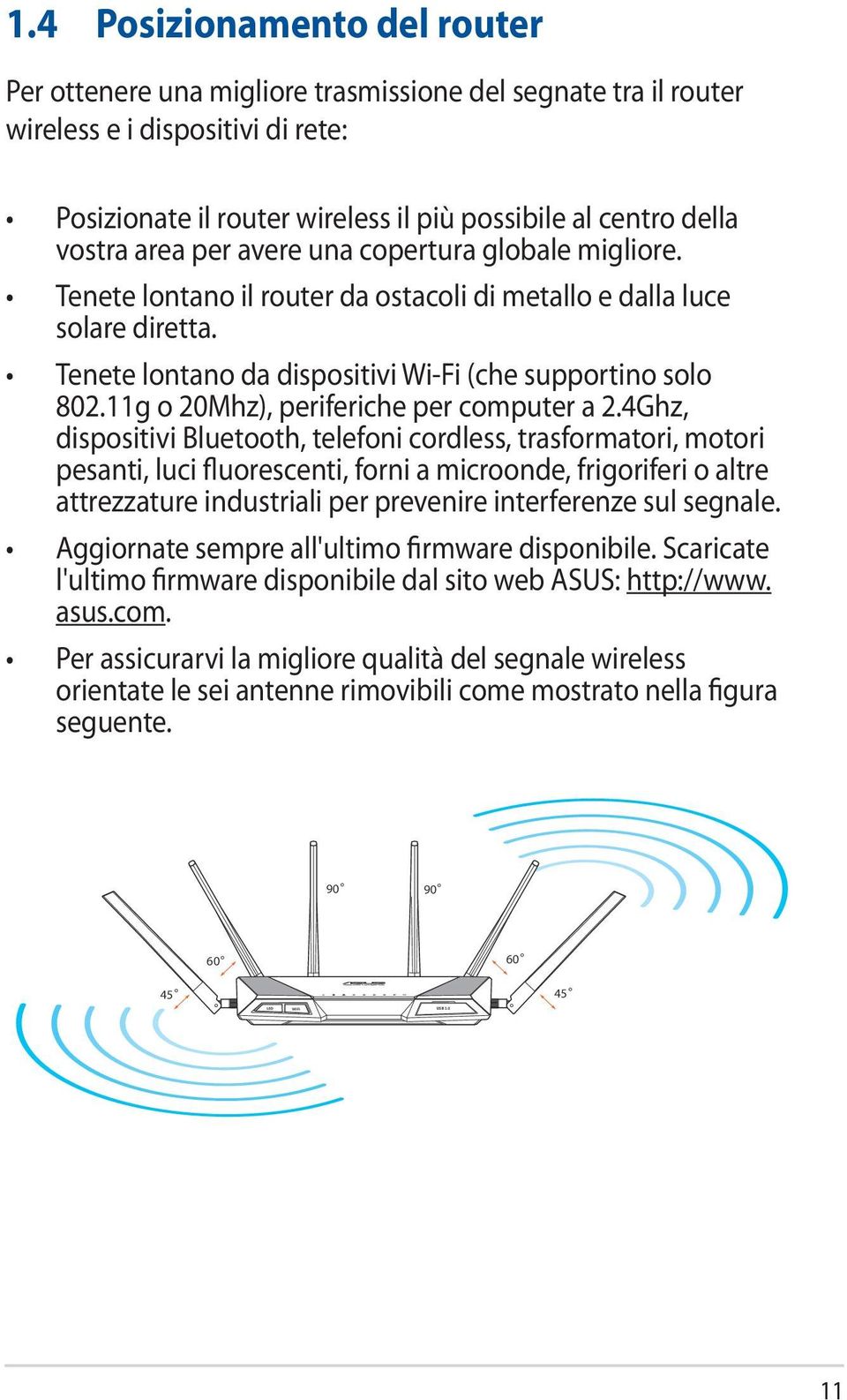 area per avere una copertura globale migliore. Tenete lontano il router da ostacoli di metallo e dalla luce solare diretta. Tenete lontano da dispositivi Wi-Fi (che supportino solo 802.