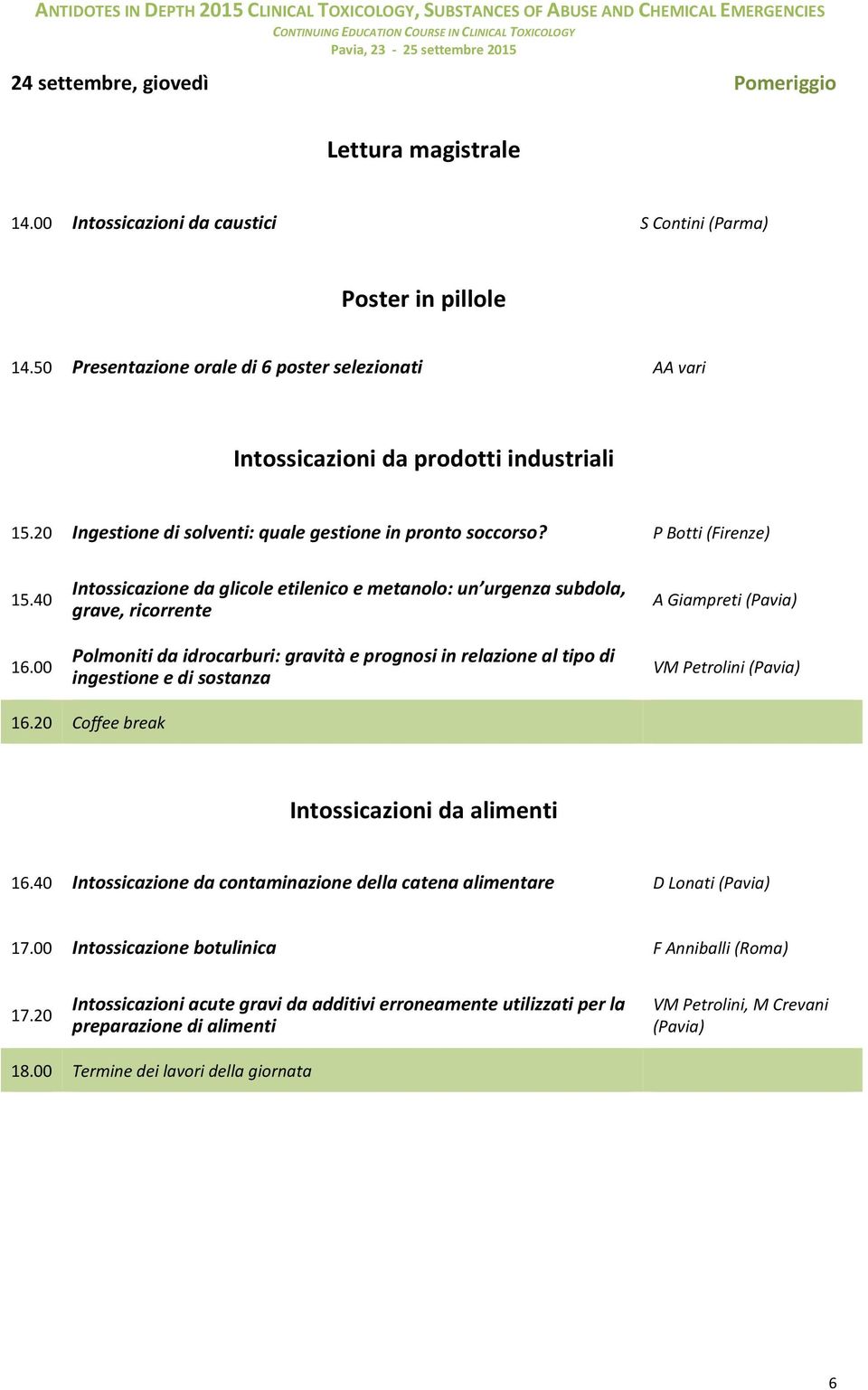 00 Intossicazione da glicole etilenico e metanolo: un urgenza subdola, grave, ricorrente Polmoniti da idrocarburi: gravità e prognosi in relazione al tipo di ingestione e di sostanza A Giampreti VM