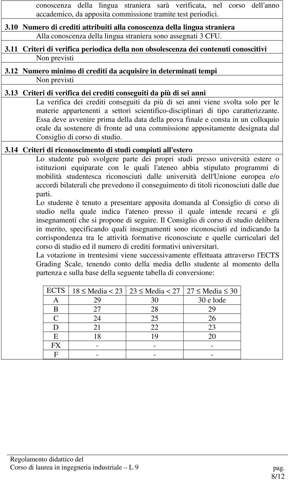 CFU. 3.11 Criteri di verifica periodica della non obsolescenza dei contenuti conoscitivi Non previsti 3.12 Numero minimo di crediti da acquisire in determinati tempi Non previsti 3.