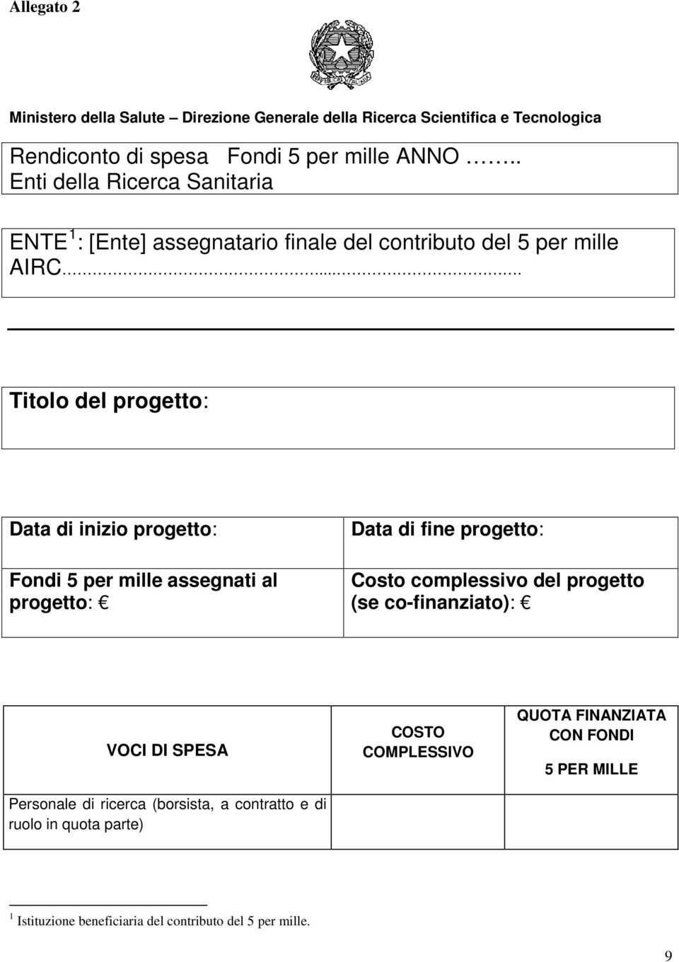 ... Titolo del progetto: Data di inizio progetto: Fondi 5 per mille assegnati al progetto: Data di fine progetto: Costo complessivo del progetto (se