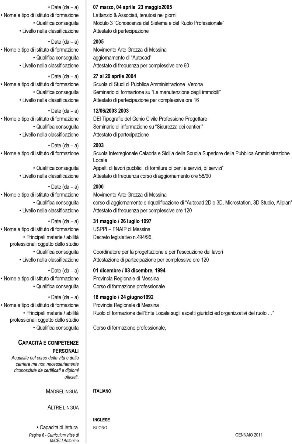 Livello nella classificazione Attestato di frequenza per complessive ore 60 Date (da a) 27 al 29 aprile 2004 Nome e tipo di istituto di formazione Scuola di Studi di Pubblica Amministrazione Verona