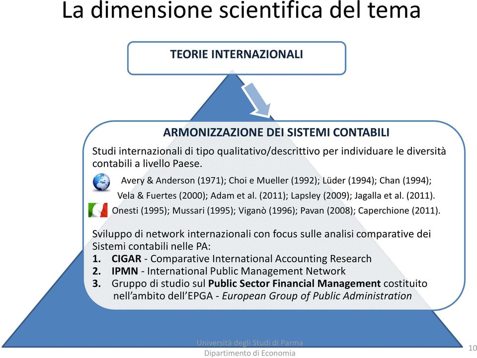 Lapsley (2009); Jagalla et al. (2011). Onesti (1995); Mussari (1995); Viganò (1996); Pavan (2008); Caperchione (2011).