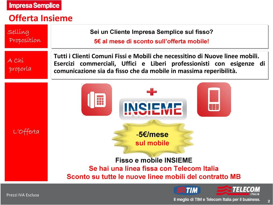 Esercizi commerciali, Uffici e Liberi professionisti con esigenze di comunicazione sia da fisso che da mobile in massima