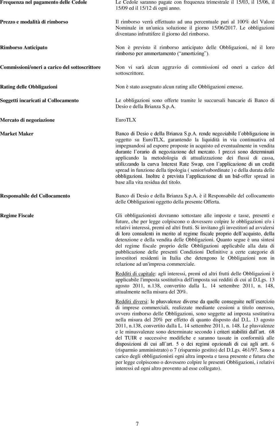 Il rimborso verrà effettuato ad una percentuale pari al 100% del Valore Nominale in un'unica soluzione il giorno 15/06/2017. Le obbligazioni diventano infruttifere il giorno del rimborso.