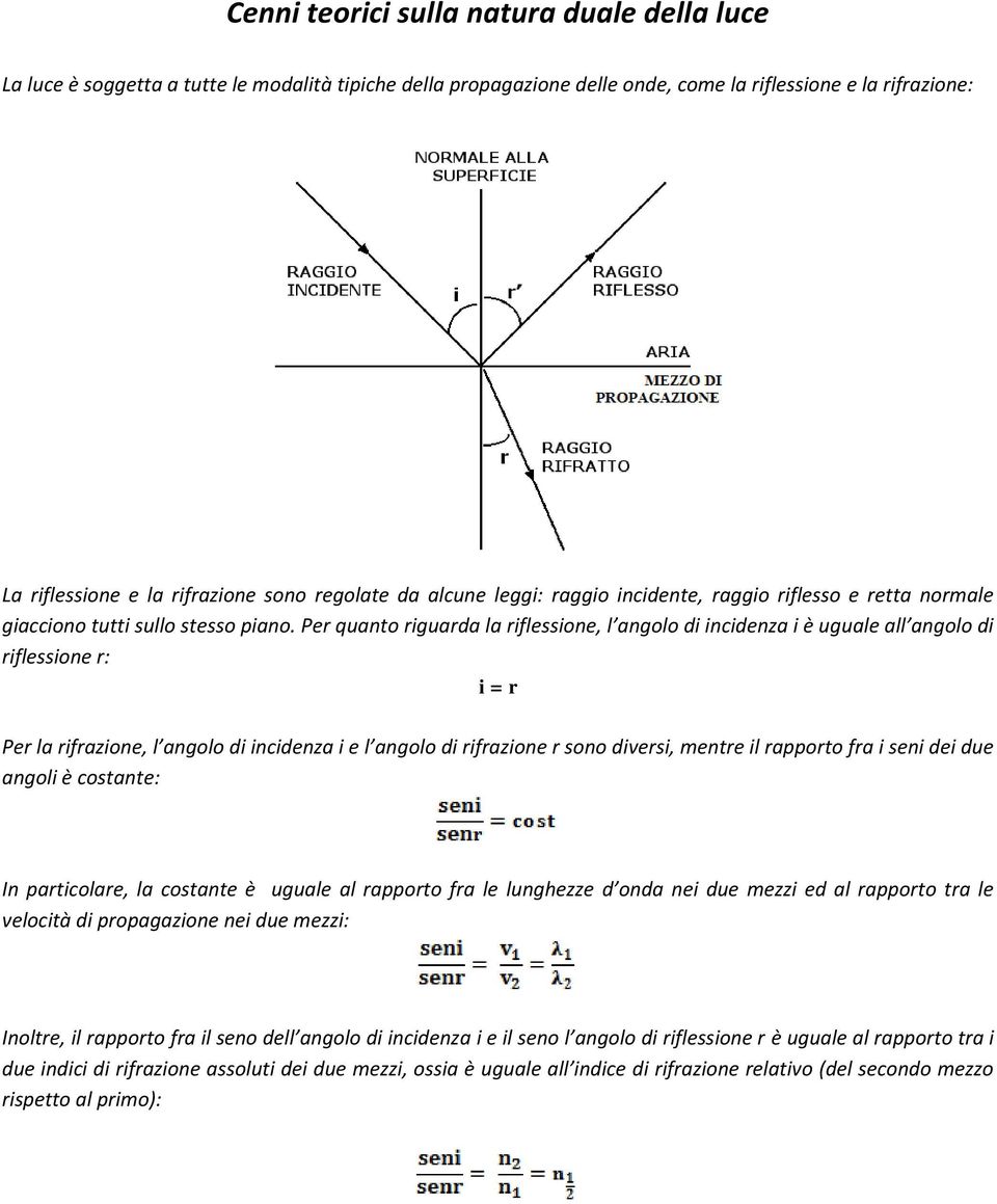 Per quanto riguarda la riflessione, l angolo di incidenza i è uguale all angolo di riflessione r: i = r Per la rifrazione, l angolo di incidenza i e l angolo di rifrazione r sono diversi, mentre il