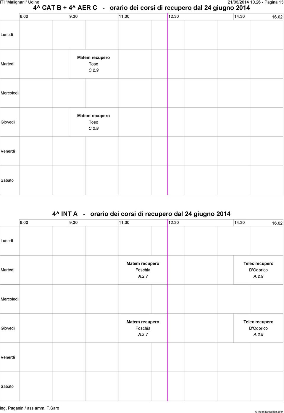 recupero dal 24 giugno 2014 4^ INT A - orario dei corsi di