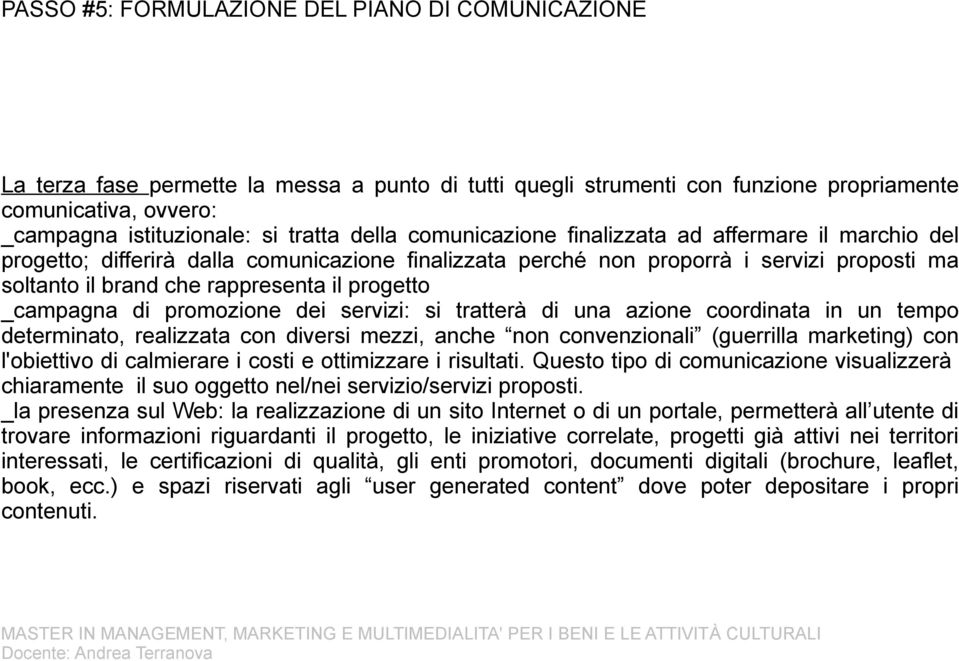 _campagna di promozione dei servizi: si tratterà di una azione coordinata in un tempo determinato, realizzata con diversi mezzi, anche non convenzionali (guerrilla marketing) con l'obiettivo di