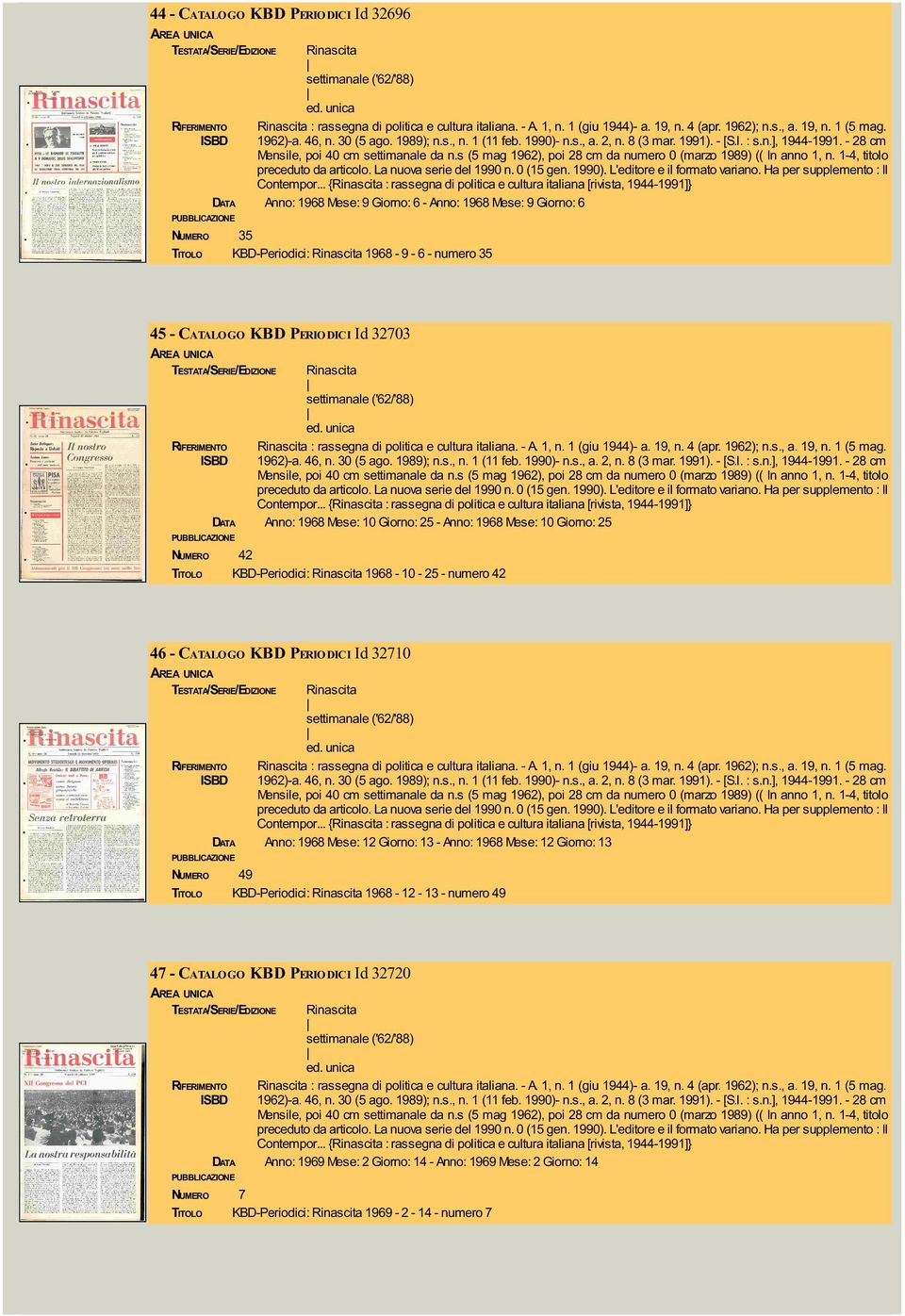 8 (3 mar. 1991). - [S.l. : s.n.], 1944-1991. - 28 cm Mensile, poi 40 cm settimanale da n.s (5 mag 1962), poi 28 cm da numero 0 (marzo 1989) (( In anno 1, n. 1-4, titolo preceduto da articolo.