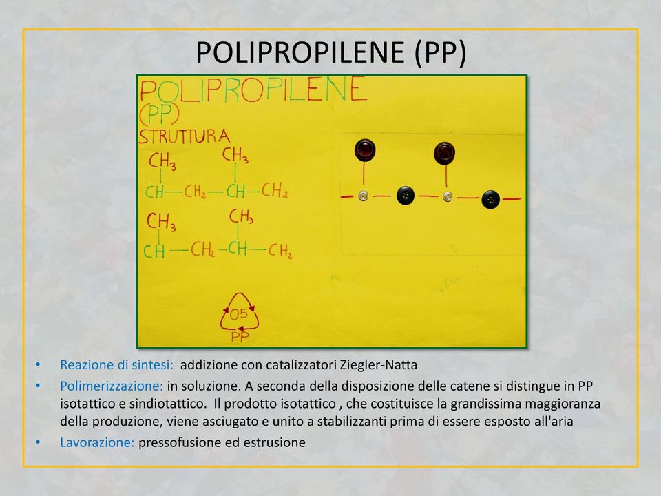 A seconda della disposizione delle catene si distingue in PP isotattico e sindiotattico.