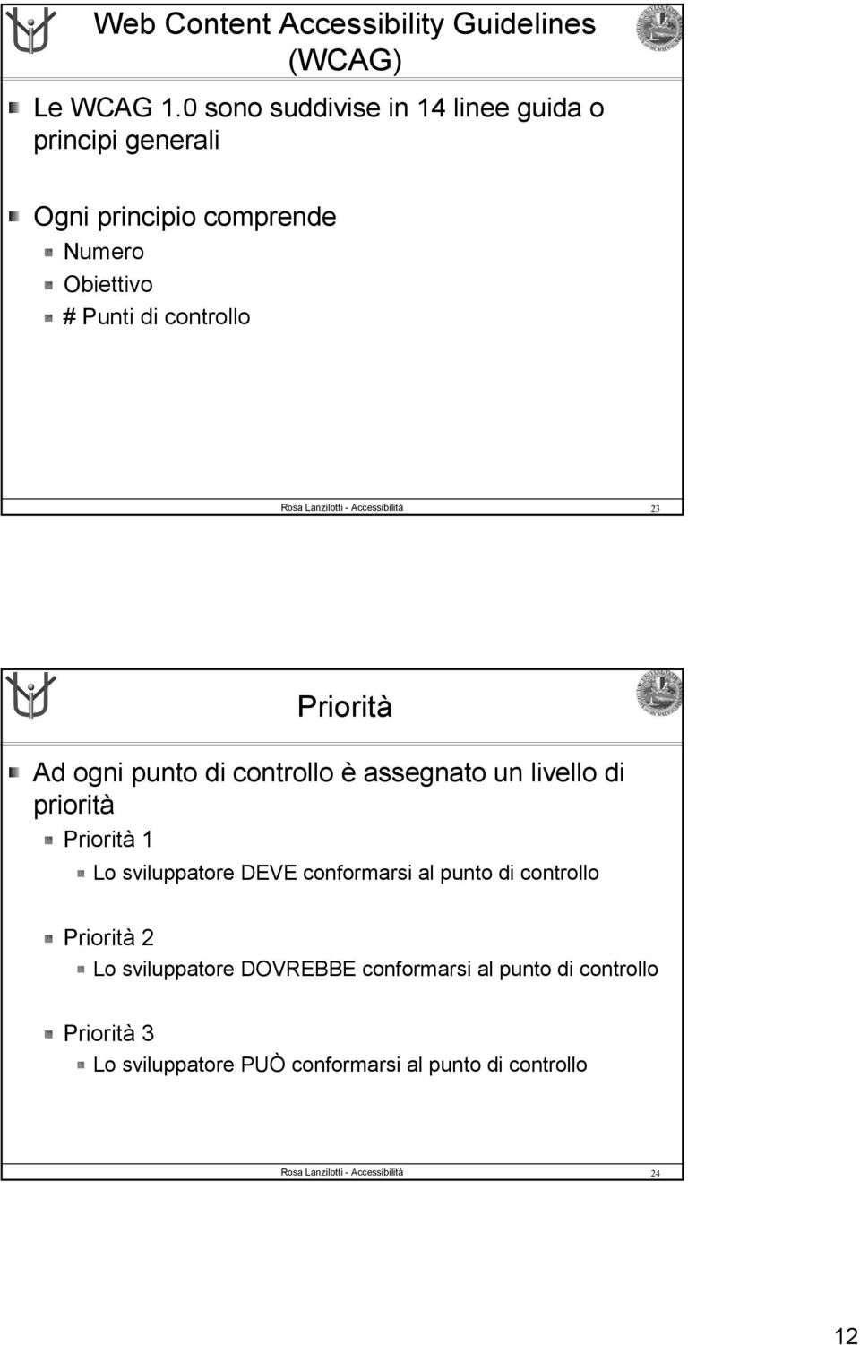 controllo 23 Priorità Ad ogni punto di controllo è assegnato un livello di priorità Priorità 1 Lo sviluppatore