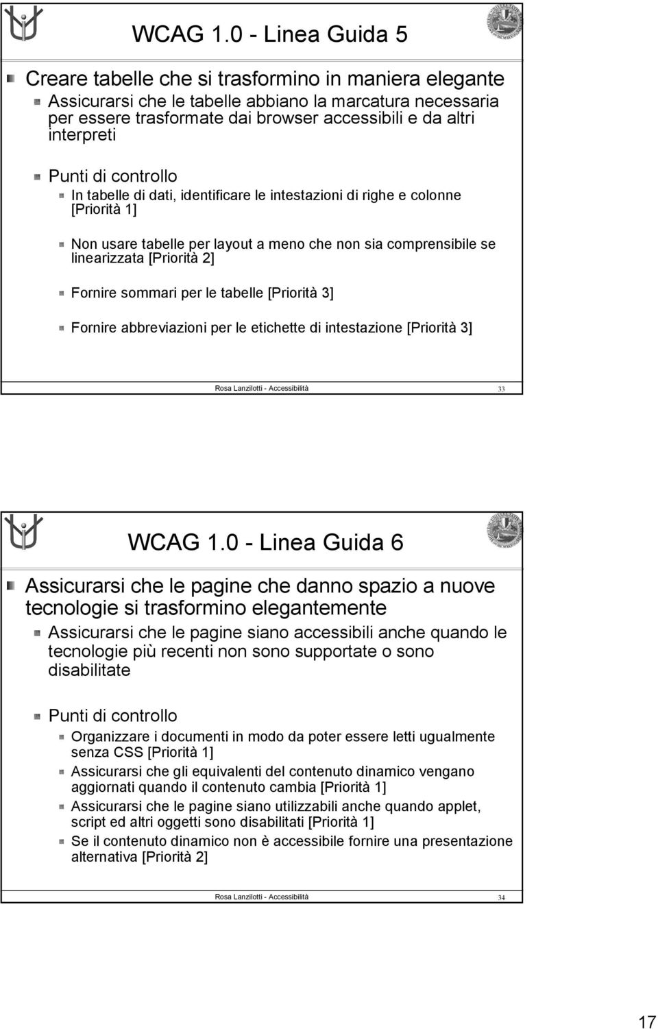 Punti di controllo In tabelle di dati, identificare le intestazioni di righe e colonne [Priorità 1] Non usare tabelle per layout a meno che non sia comprensibile se linearizzata [Priorità 2] Fornire