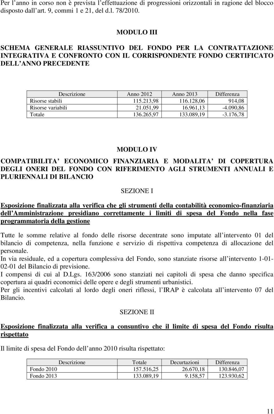 Risorse stabili 115.213,98 116.128,06 914,08 Risorse variabili 21.051,99 16.961,13-4.090,86 Totale 136.265,97 133.089,19-3.