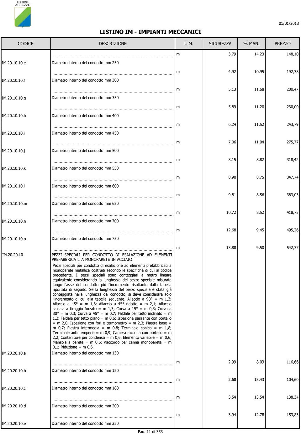 20.10.10.l Diaetro interno del condotto 600 9,81 8,56 383,03 IM.20.10.10. Diaetro interno del condotto 650 10,72 418,75 IM.20.10.10.n Diaetro interno del condotto 700 12,68 9,45 495,26 IM.20.10.10.o Diaetro interno del condotto 750 13,88 9,50 542,37 IM.