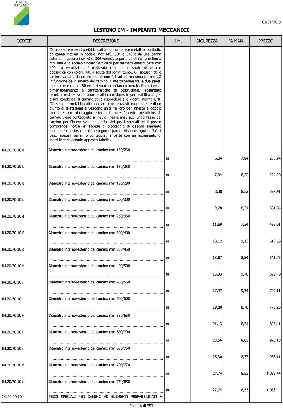 Gli spessori delle laiere variano da un inio di 0,6 ad un assio di 1,2 in funzione del diaetro del caino. L'intercapedine fra le due pareti etalliche è di 50 ed è riepita con lana inerale.