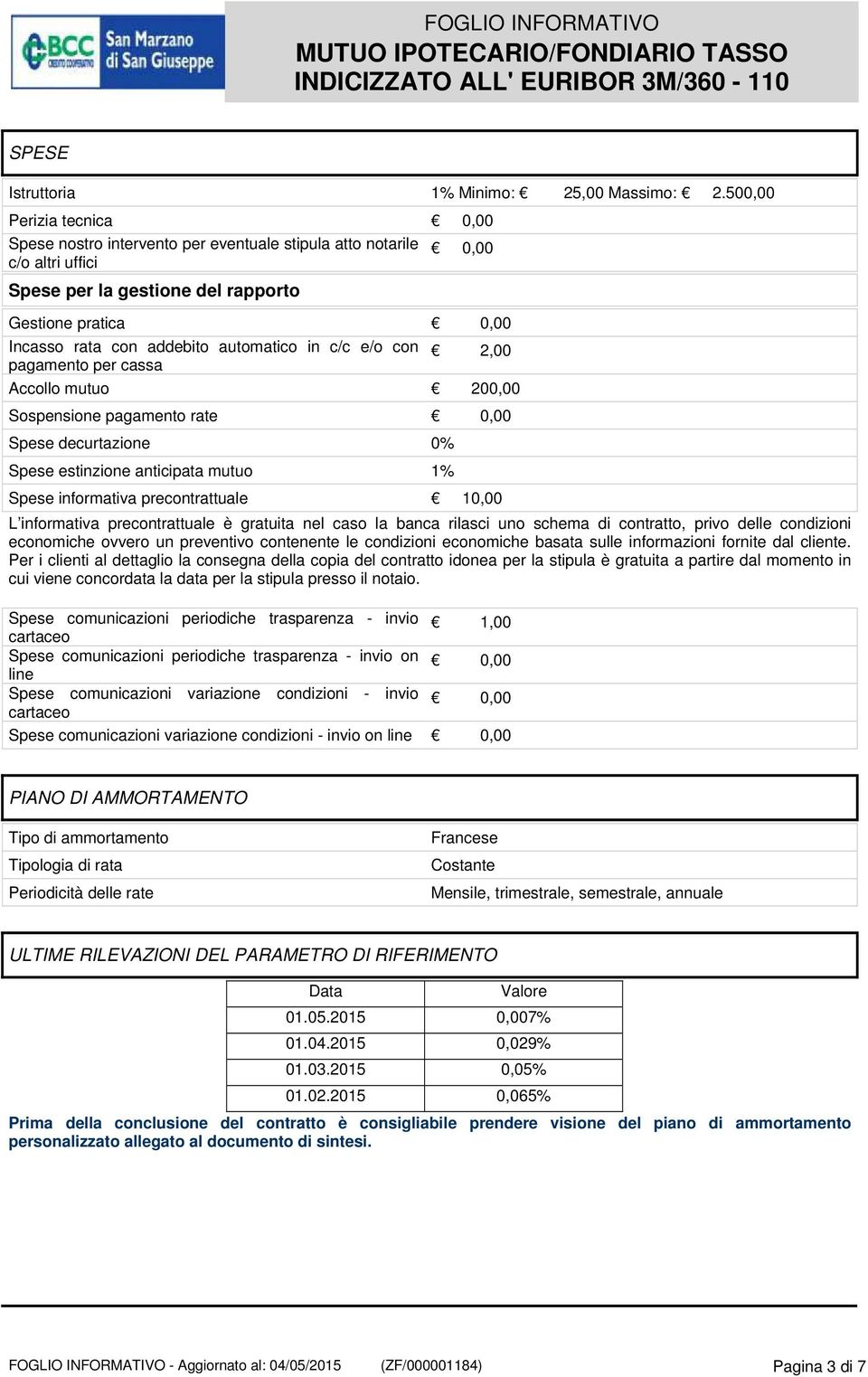 automatico in c/c e/o con pagamento per cassa 2,00 Accollo mutuo 200,00 Sospensione pagamento rate 0,00 Spese decurtazione 0% Spese estinzione anticipata mutuo 1% Spese informativa precontrattuale