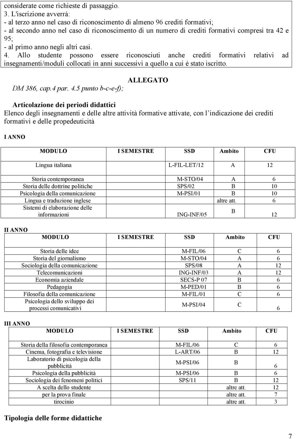 al primo anno negli altri casi. 4. Allo studente possono essere riconosciuti anche crediti formativi relativi ad insegnamenti/moduli collocati in anni successivi a quello a cui è stato iscritto.