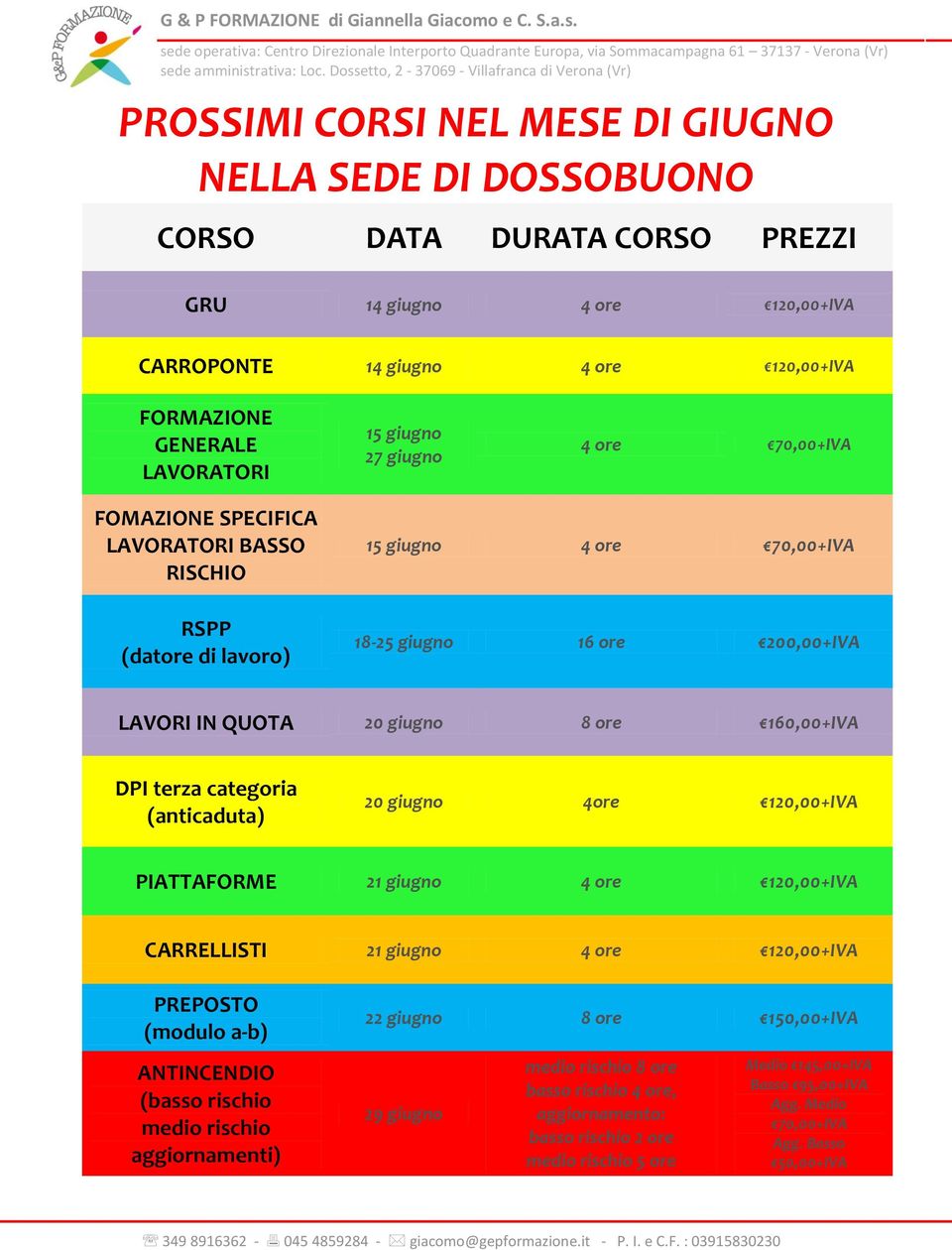 terza categoria (anticaduta) 20 giugno 4ore 120,00+IVA PIATTAFORME 21 giugno 4 ore 120,00+IVA CARRELLISTI 21 giugno 4 ore 120,00+IVA PREPOSTO (modulo a-b) ANTINCENDIO (basso rischio medio rischio