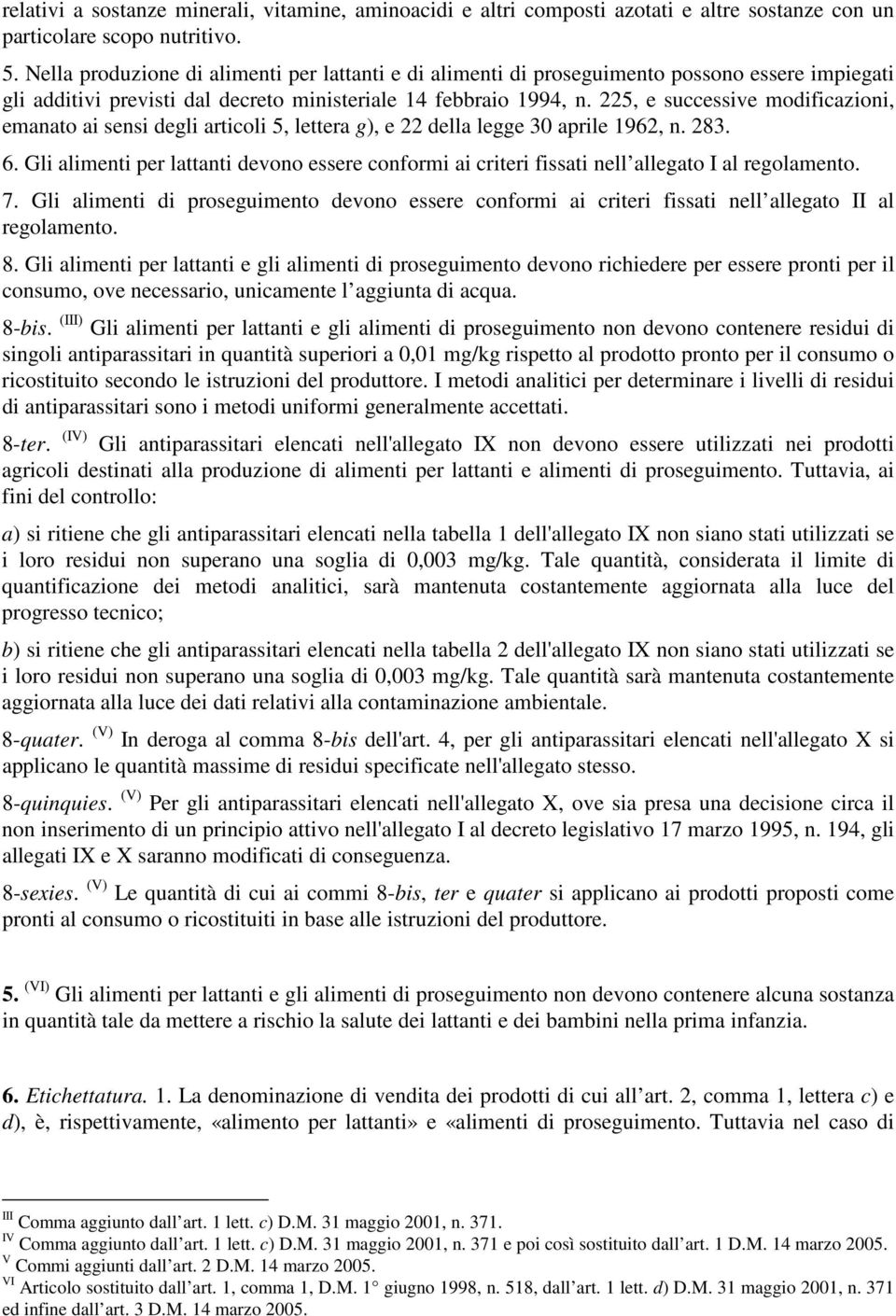 225, e successive modificazioni, emanato ai sensi degli articoli 5, lettera g), e 22 della legge 30 aprile 1962, n. 283. 6.