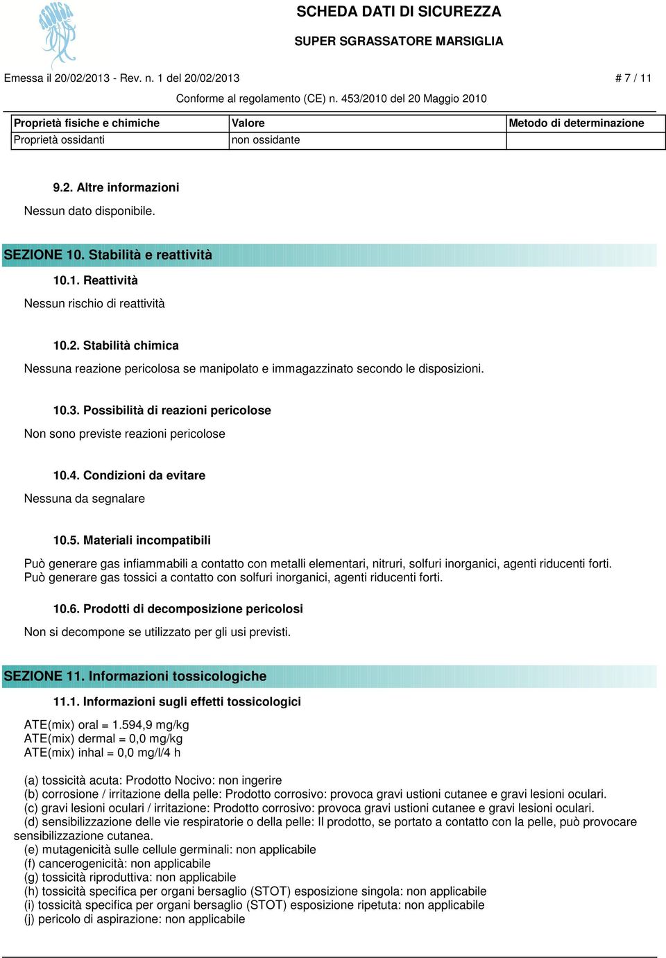 Possibilità di reazioni pericolose Non sono previste reazioni pericolose 10.4. Condizioni da evitare Nessuna da segnalare 10.5.