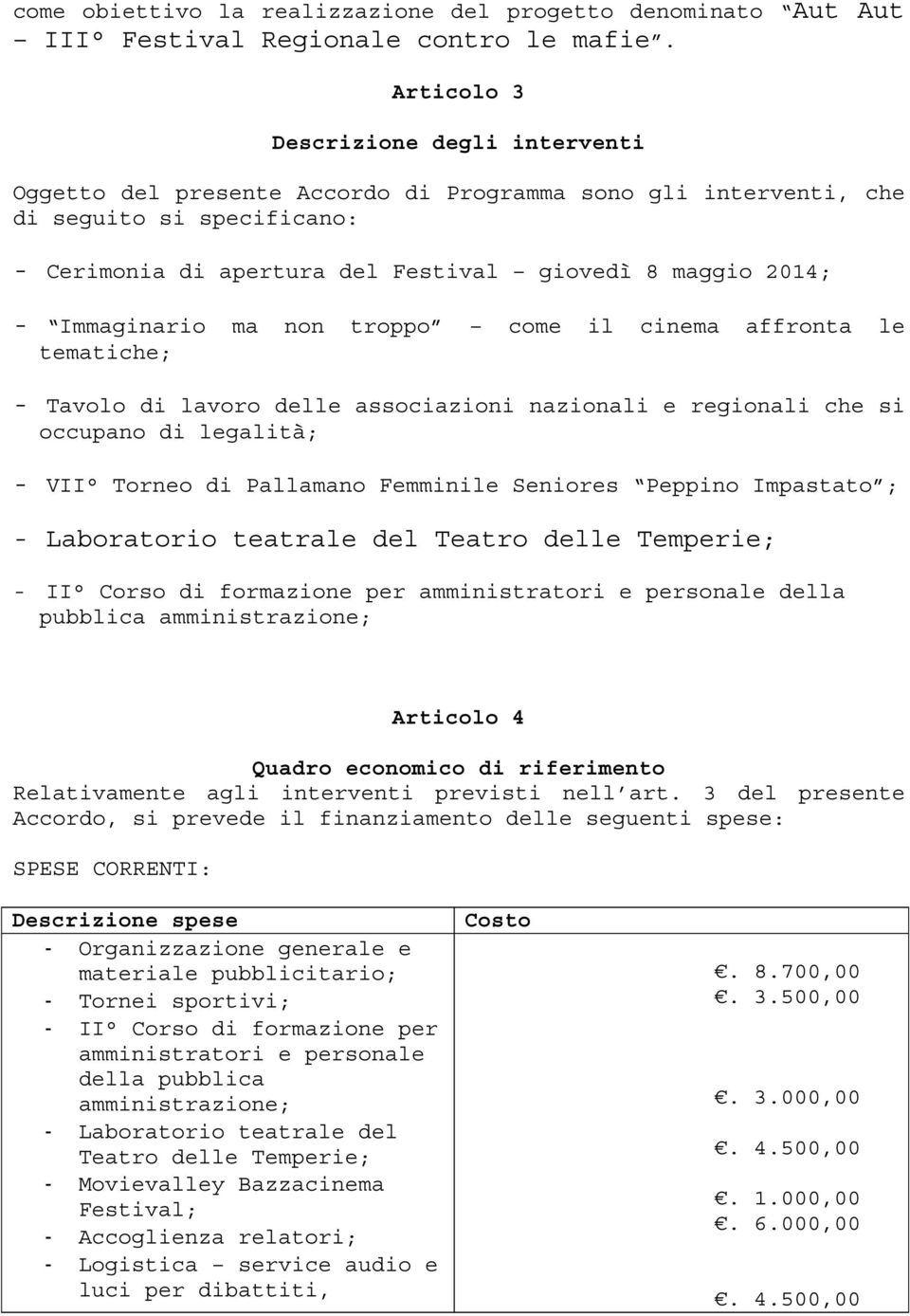 Immaginario ma non troppo come il cinema affronta le tematiche; - Tavolo di lavoro delle associazioni nazionali e regionali che si occupano di legalità; - VII Torneo di Pallamano Femminile Seniores