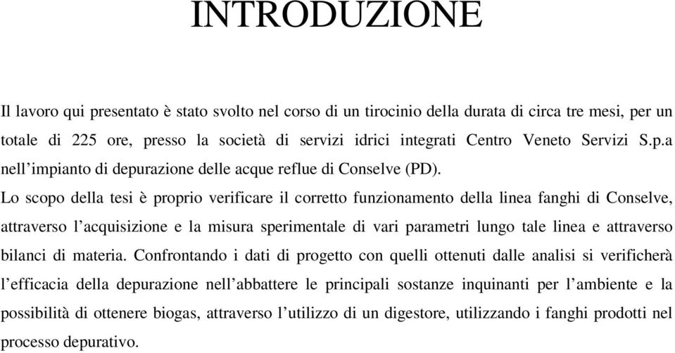 Lo scopo della tesi è proprio verificare il corretto funzionamento della linea fanghi di Conselve, attraverso l acquisizione e la misura sperimentale di vari parametri lungo tale linea e attraverso