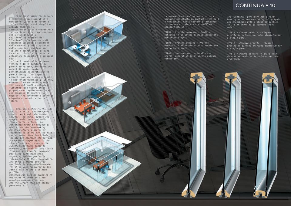 Continua offre una serie di soluzioni tecniche e soluzioni delle necessità più disparate: dalla semplice veneziana per isolare l operatività, al vano tecnico di lato, alla porta per alloggiare