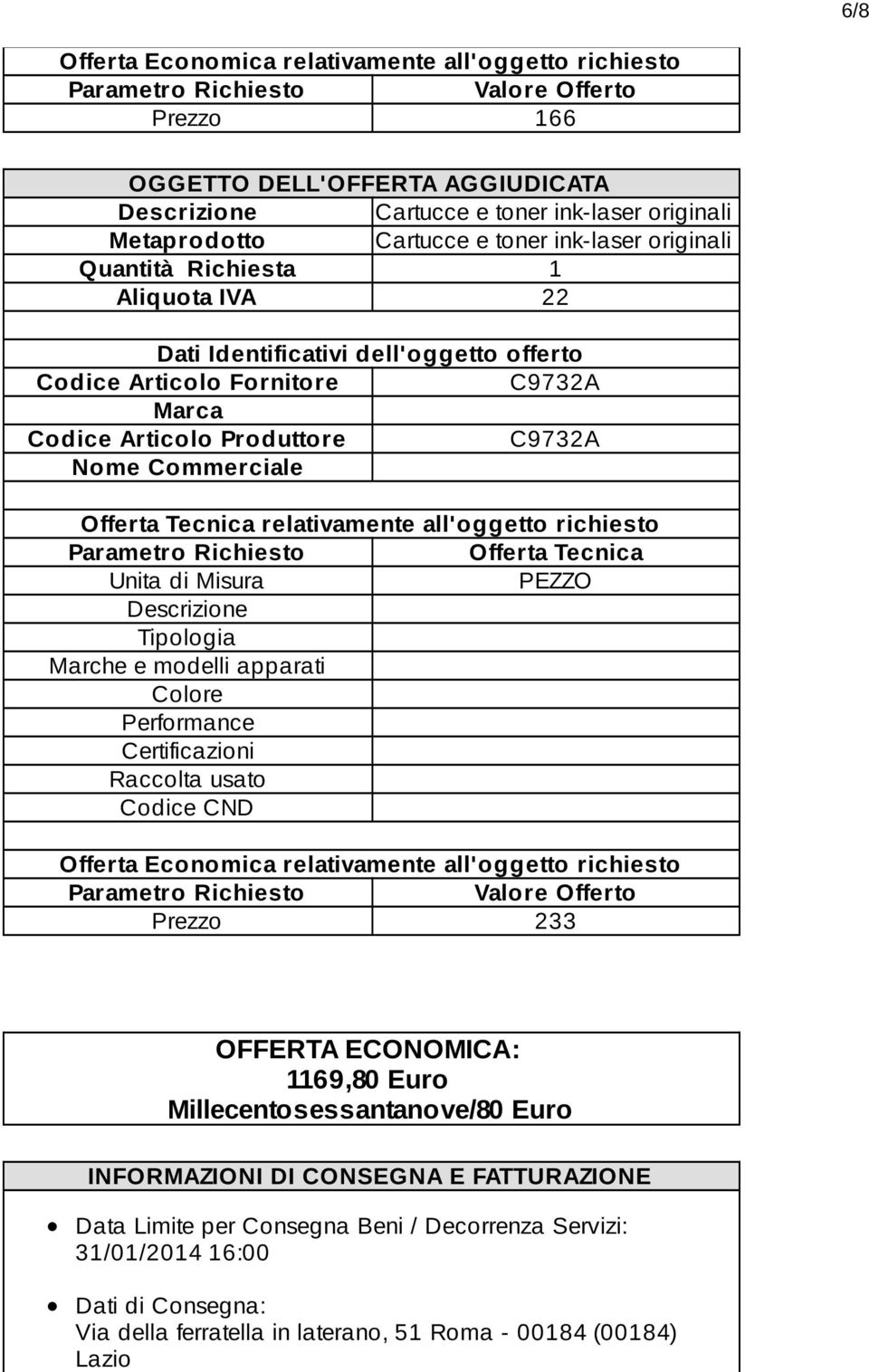 Millecentosessantanove/80 Euro INFORMAZIONI DI CONSEGNA E FATTURAZIONE Data Limite per