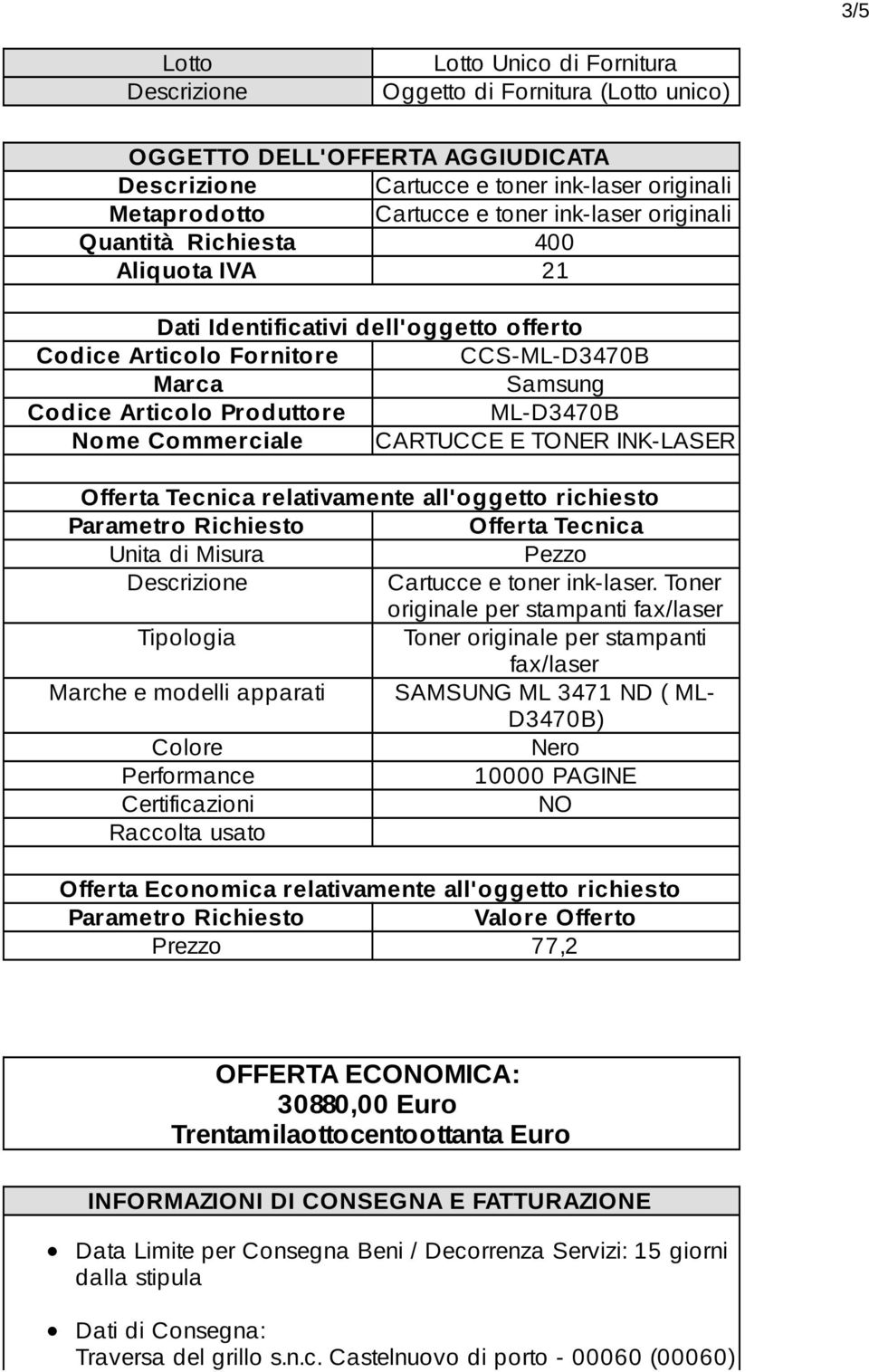 INK-LASER Offerta Tecnica relativamente all'oggetto richiesto Parametro Richiesto Offerta Tecnica Unita di Misura Pezzo Cartucce e toner ink-laser.