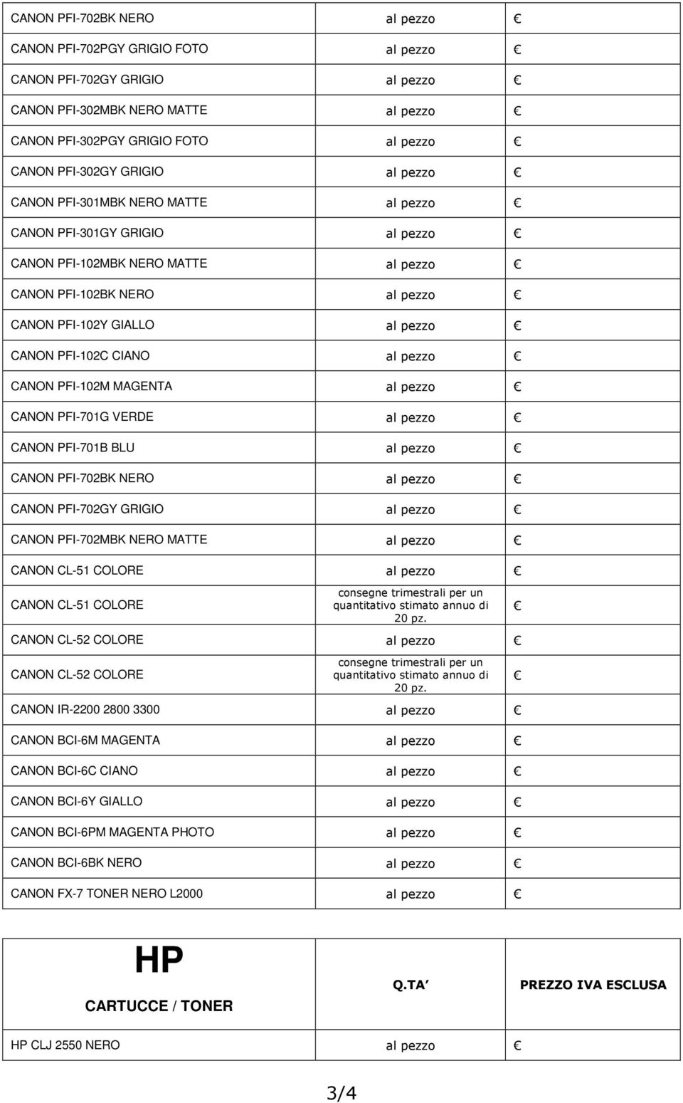 pezzo CANON PFI-102M MAGENTA al pezzo CANON PFI-701G VERDE al pezzo CANON PFI-701B BLU al pezzo CANON PFI-702BK NERO al pezzo CANON PFI-702GY GRIGIO al pezzo CANON PFI-702MBK NERO MATTE al pezzo