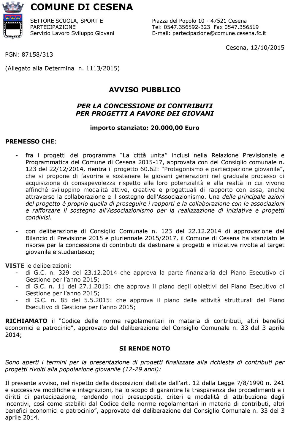 1113/2015) PREMESSO CHE: AVVISO PUBBLICO PER LA CONCESSIONE DI CONTRIBUTI PER PROGETTI A FAVORE DEI GIOVANI importo stanziato: 20.