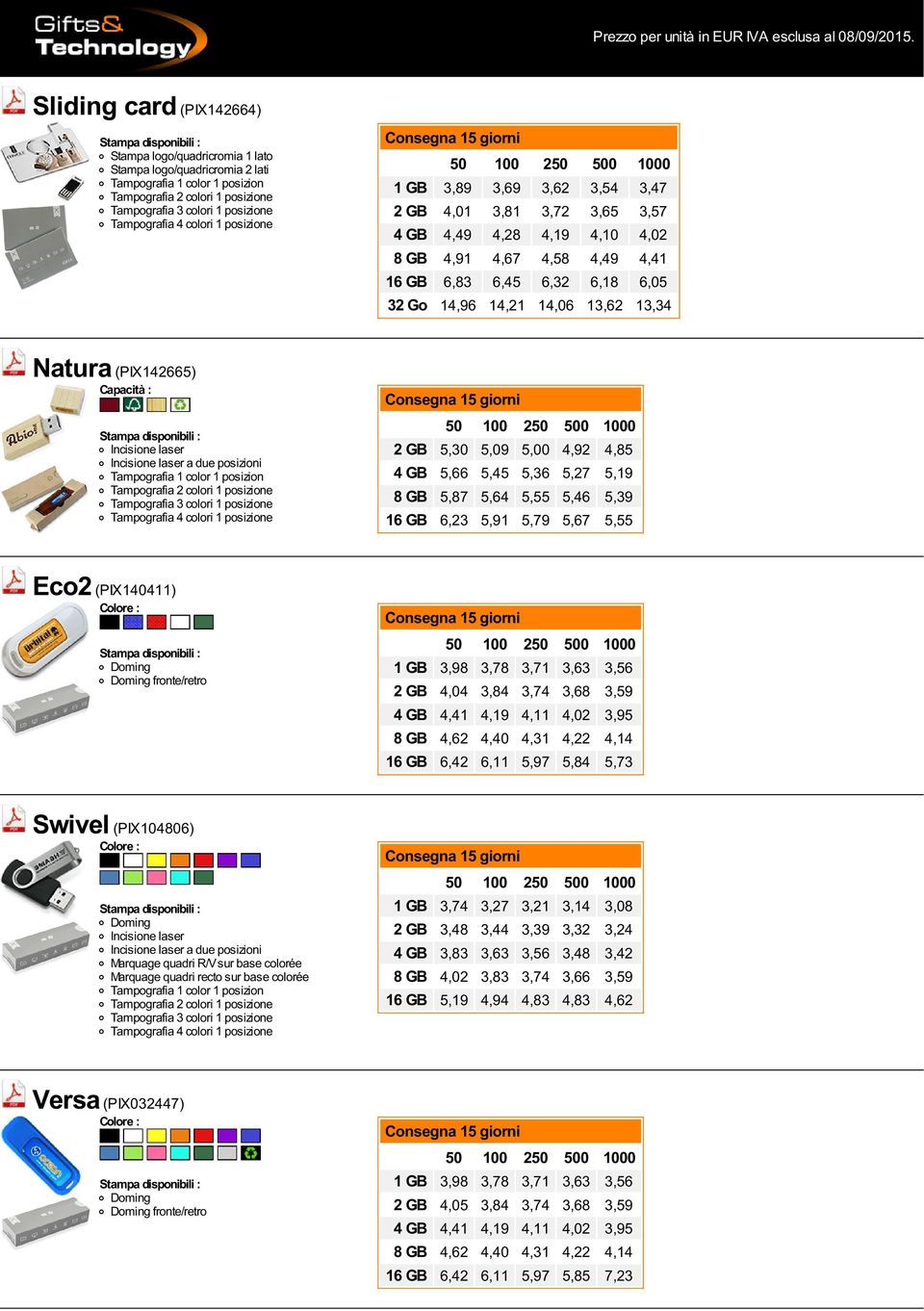 GB 6,23 5,91 5,79 5,67 5,55 Eco2 (PIX140411) Doming Doming fronte/retro 1 GB 3,98 3,78 3,71 3,63 3,56 2 GB 4,04 3,84 3,74 3,68 3,59 4 GB 4,41 4,19 4,11 4,02 3,95 8 GB 4,62 4,40 4,31 4,22 4,14 16 GB