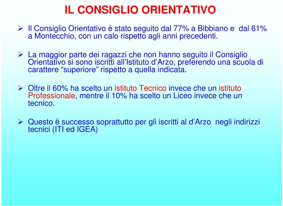 La maggior parte dei ragazzi che non hanno seguito il Consiglio Orientativo si sono iscritti all Istituto d Arzo, preferendo una scuola di