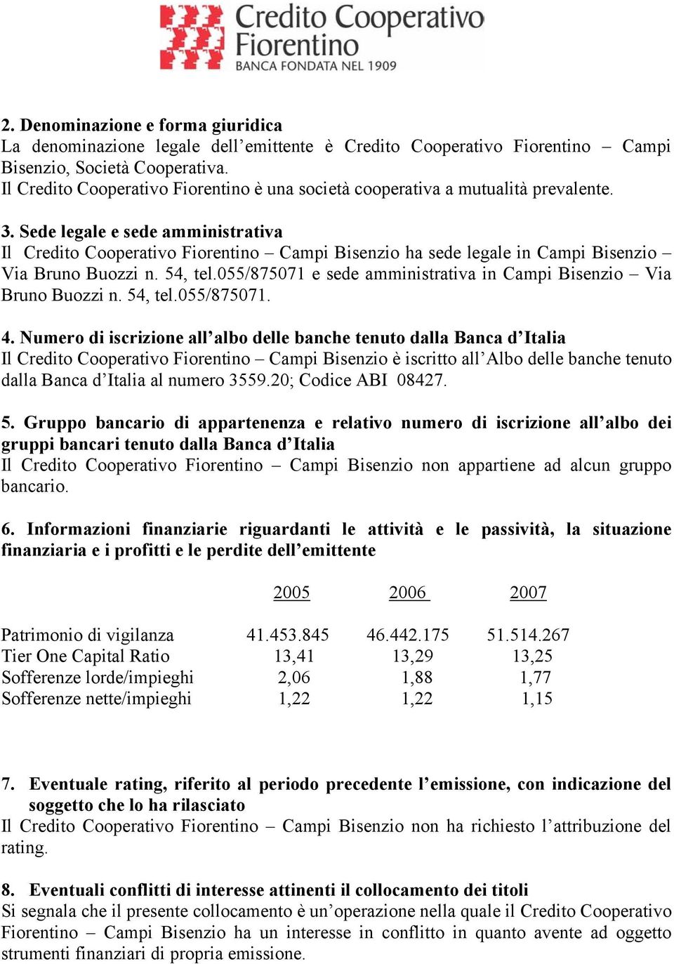 Sede legale e sede amministrativa Il Credito Cooperativo Fiorentino Campi Bisenzio ha sede legale in Campi Bisenzio Via Bruno Buozzi n. 54, tel.