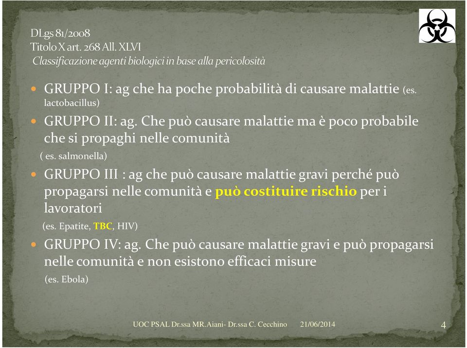 salmonella) GRUPPO III : ag che può causare malattie gravi perché può propagarsi nelle comunità e può costituire