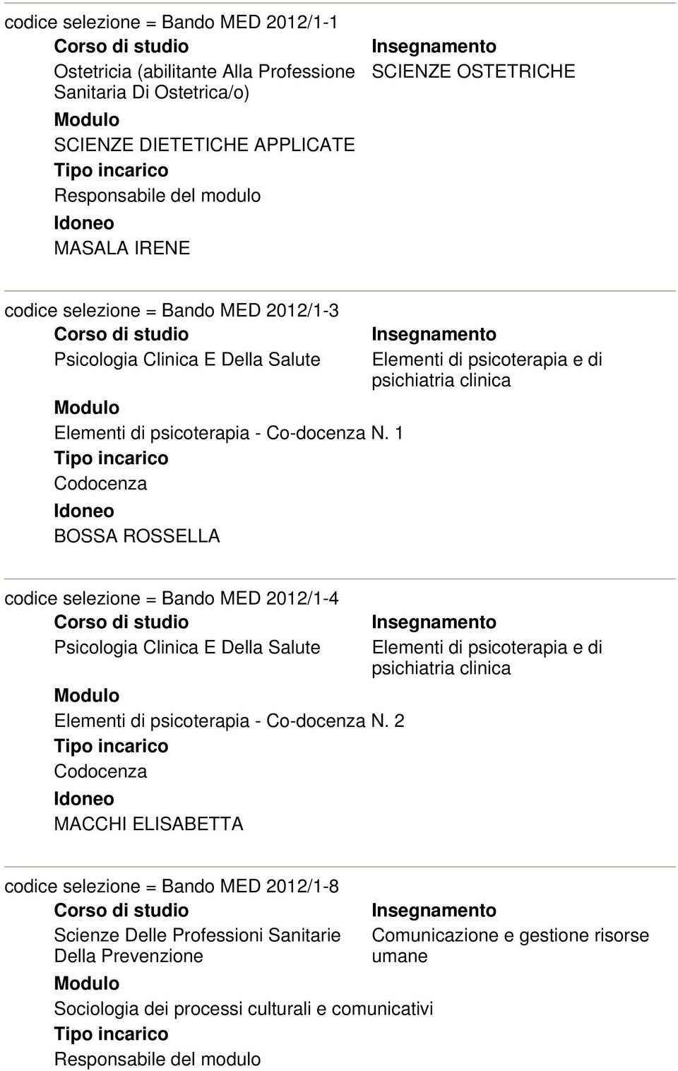 1 Codocenza BOSSA ROSSELLA Elementi di psicoterapia e di psichiatria clinica codice selezione = Bando MED 2012/1-4 Psicologia Clinica E Della Salute Elementi di psicoterapia -