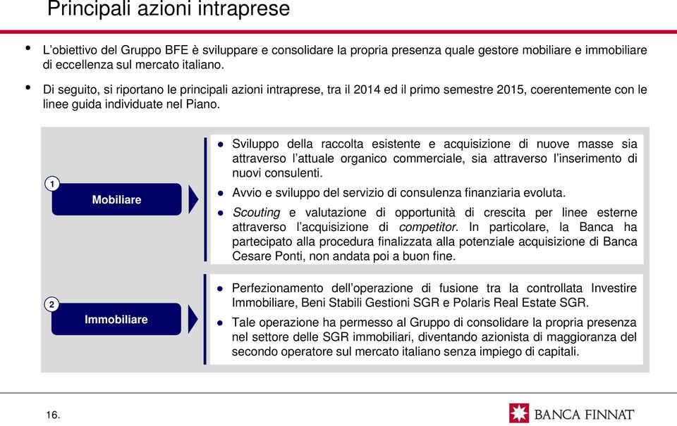 1 Mobiliare Sviluppo della raccolta esistente e acquisizione di nuove masse sia attraverso l attuale organico commerciale, sia attraverso l inserimento di nuovi consulenti.