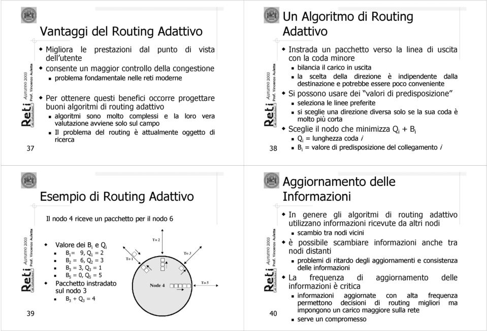 ricerca 8 Un Algoritmo di Routing Adattivo Instrada un pacchetto verso la linea di uscita con la coda minore bilancia il carico in uscita la scelta della direzione è indipendente dalla destinazione e