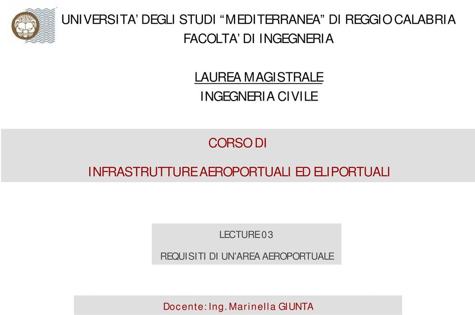 CORSO DI INFRASTRUTTURE AEROPORTUALI ED ELIPORTUALI LECTURE