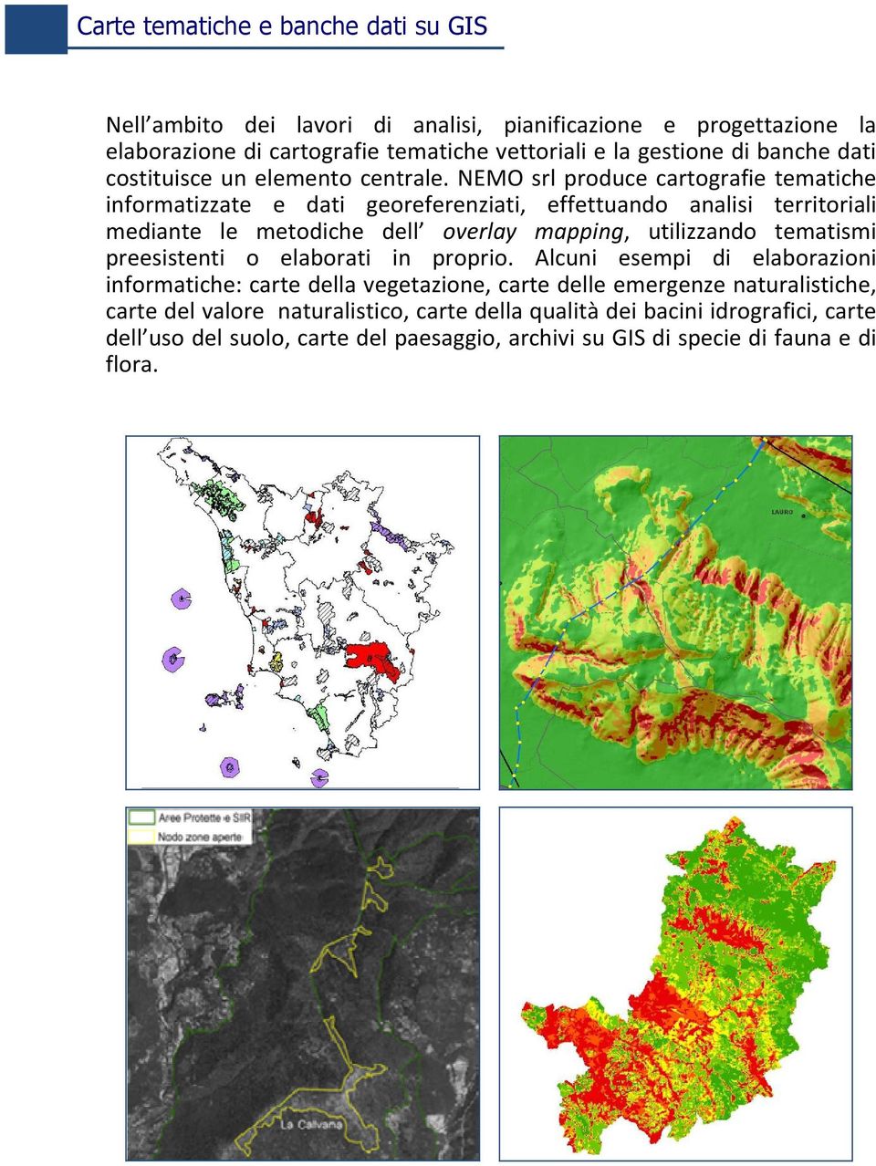 NEMO srl produce cartografie tematiche informatizzate e dati georeferenziati, effettuando analisi territoriali mediante le metodiche dell overlay mapping, utilizzando tematismi