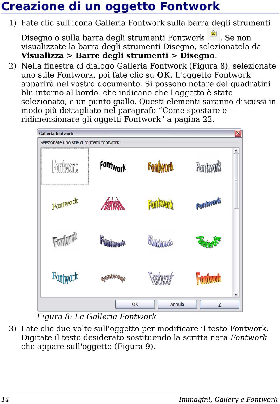 2) Nella finestra di dialogo Galleria Fontwork (Figura 8), selezionate uno stile Fontwork, poi fate clic su OK. L'oggetto Fontwork apparirà nel vostro documento.