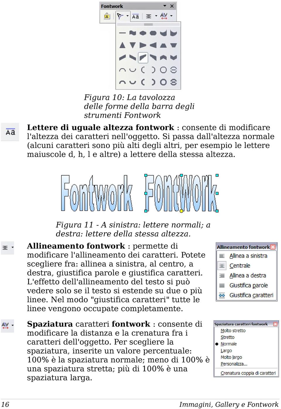 Figura 11 - A sinistra: lettere normali; a destra: lettere della stessa altezza. Allineamento fontwork : permette di modificare l'allineamento dei caratteri.