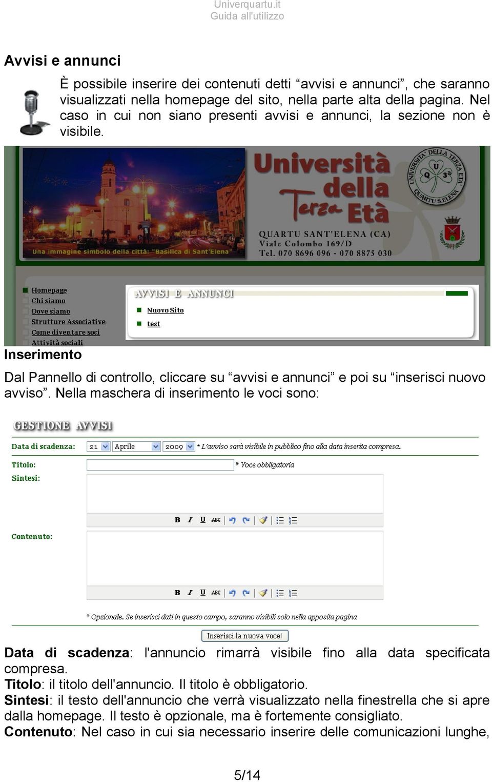 Nella maschera di inserimento le voci sono: Data di scadenza: l'annuncio rimarrà visibile fino alla data specificata compresa. Titolo: il titolo dell'annuncio. Il titolo è obbligatorio.