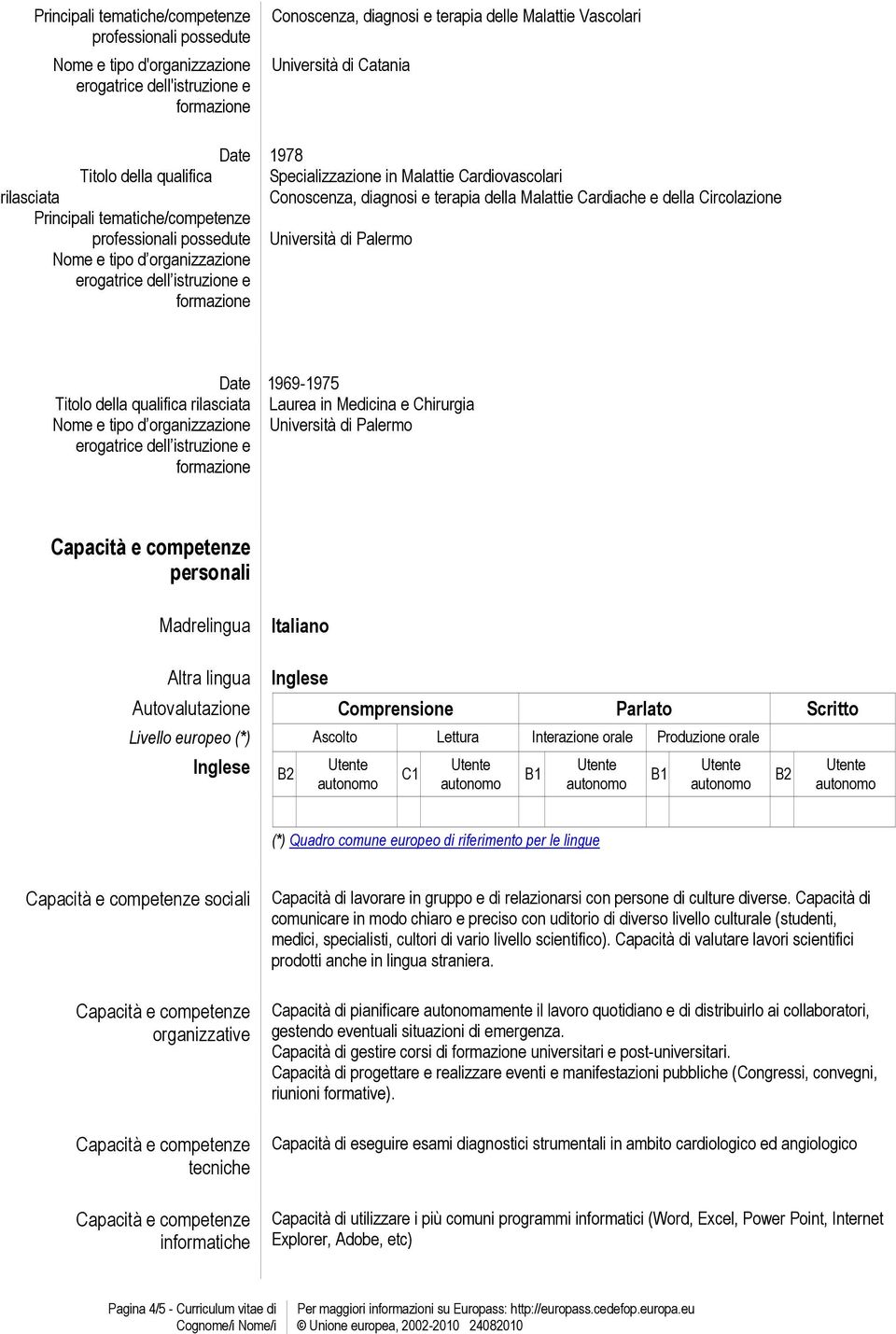 e terapia della Malattie Cardiache e della Circolazione Titolo della qualifica rilasciata Nome e tipo d organizzazione erogatrice dell istruzione e 1969-1975 Laurea in Medicina e Chirurgia personali