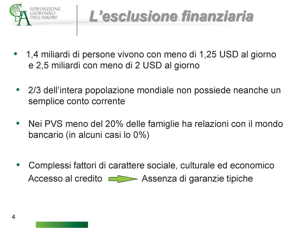corrente Nei PVS meno del 20% delle famiglie ha relazioni con il mondo bancario (in alcuni casi lo 0%)