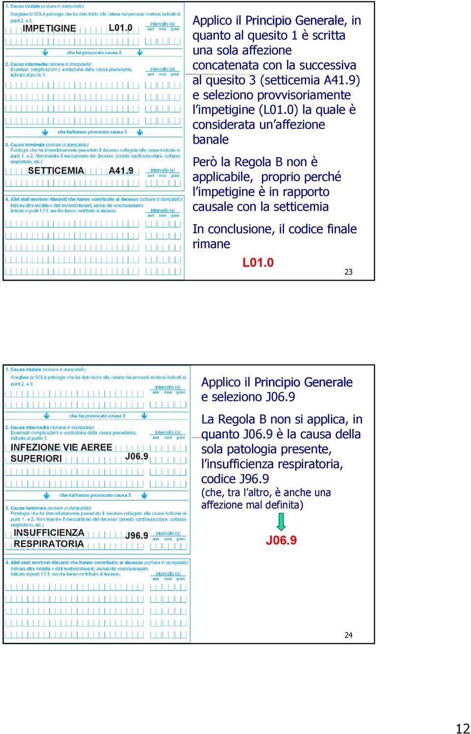 0) la quale è considerata un affezione banale Però la Regola B non è applicabile, proprio perché l impetigine è in rapporto causale con la setticemia In conclusione, il codice finale