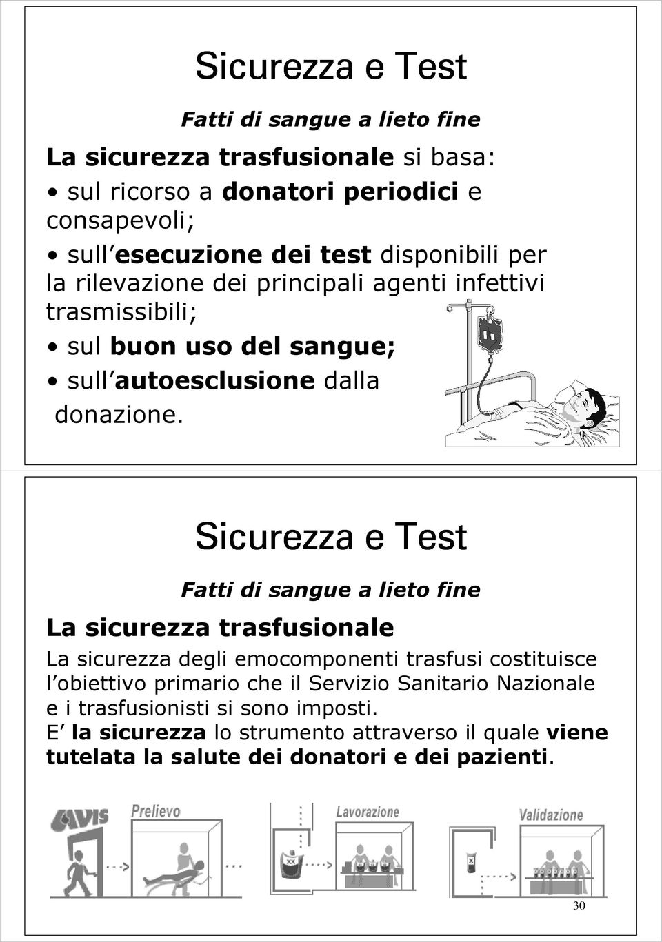 29 Sicurezza e Test Fatti di sangue a lieto fine La sicurezza trasfusionale La sicurezza degli emocomponenti trasfusi costituisce l obiettivo primario che