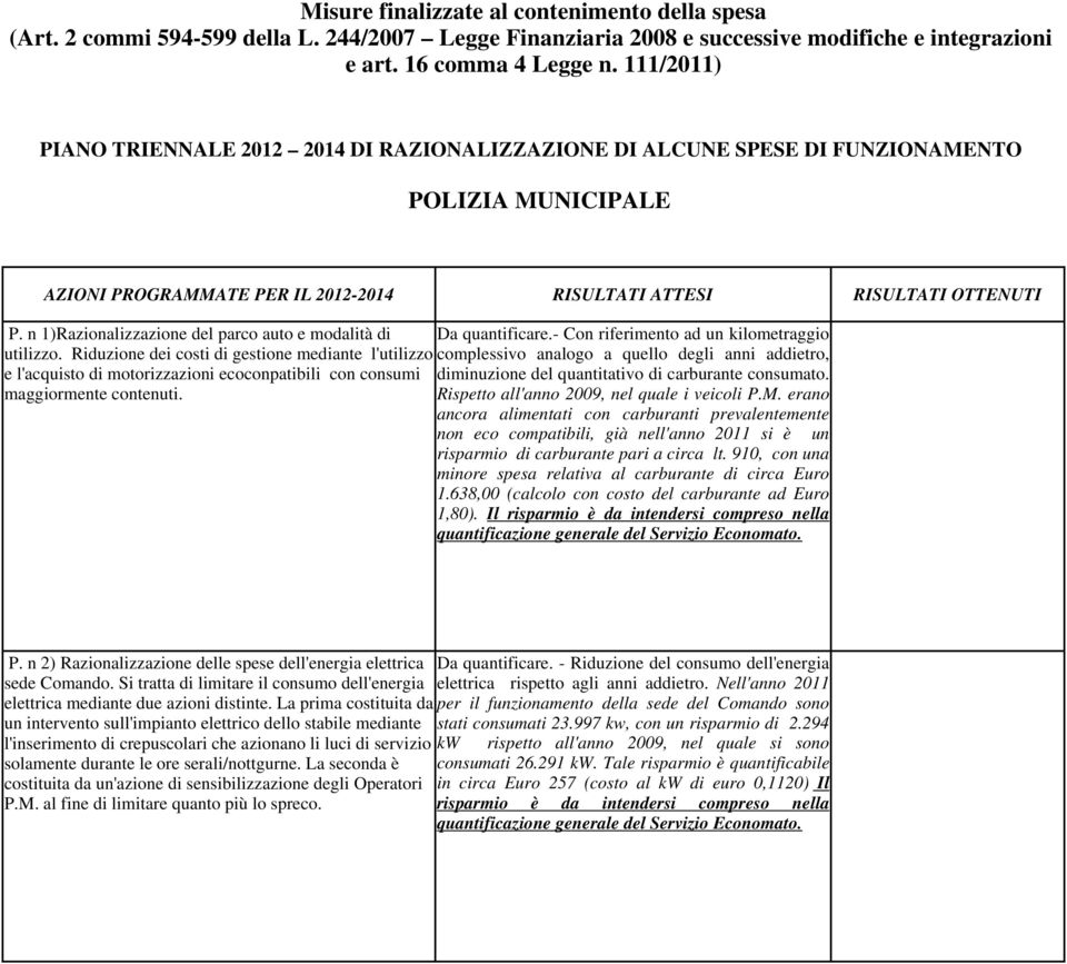 n 1)Razionalizzazione del parco auto e modalità di Da quantificare.- Con riferimento ad un kilometraggio utilizzo.