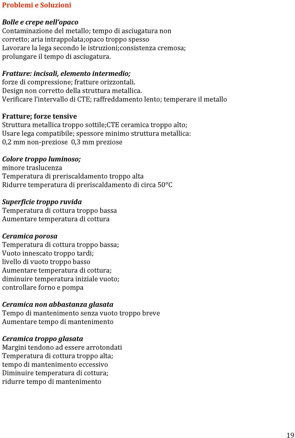 Verificarel intervallodicte;raffreddamentolento;temperareilmetallo Fratture;forzetensive Strutturametallicatropposottile;CTEceramicatroppoalto; Usarelegacompatibile;spessoreminimostrutturametallica: