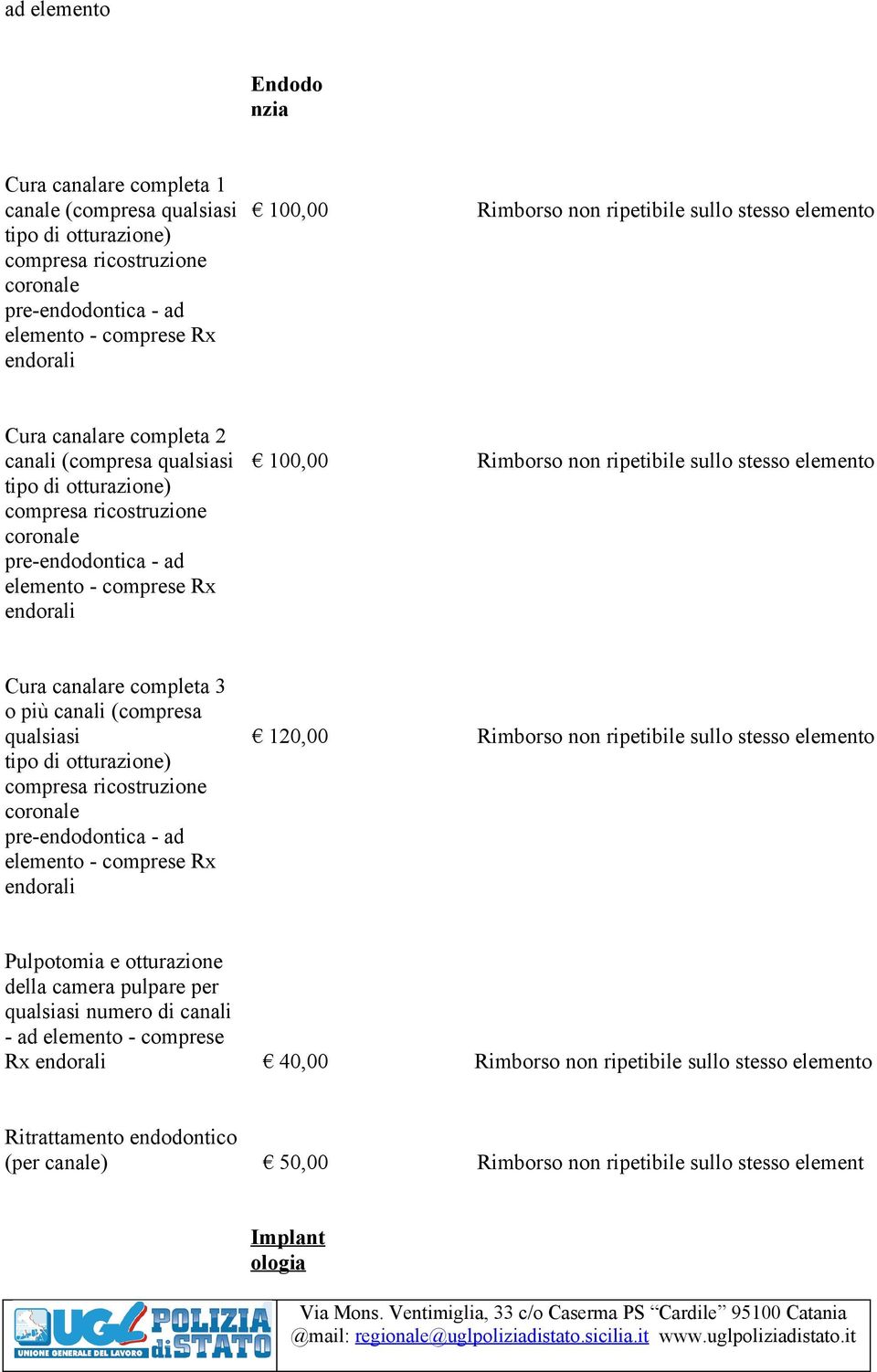 endorali Rimborso non ripetibile sullo stesso elemento Cura canalare completa 3 o più canali (compresa qualsiasi 120,00 Rimborso non ripetibile sullo stesso elemento tipo di otturazione) compresa