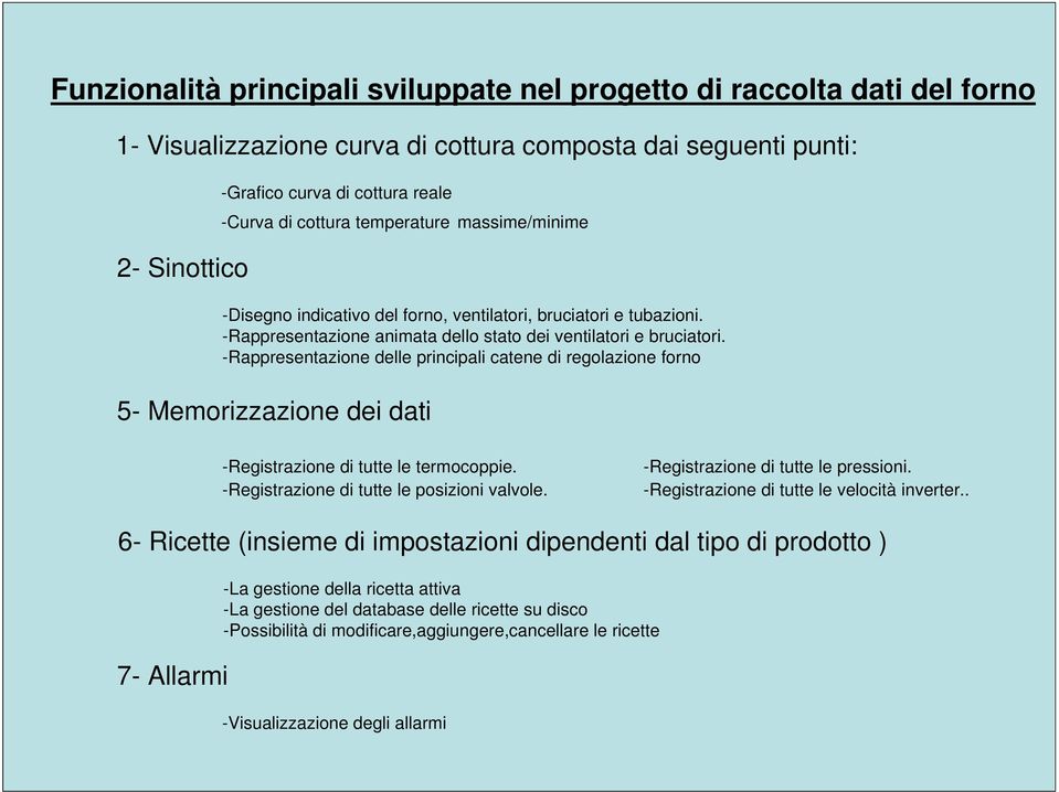 -Rappresentazione delle principali catene di regolazione forno 5- Memorizzazione dei dati -Registrazione di tutte le termocoppie. -Registrazione di tutte le posizioni valvole.